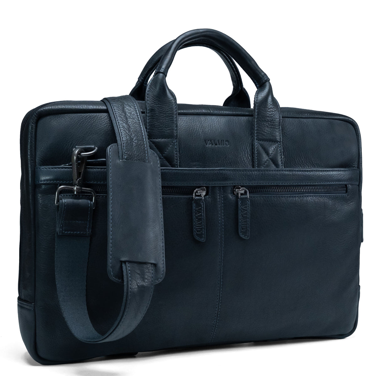 Blauwe laptoptas van volnerfleer voor heren, model Valmio Lids